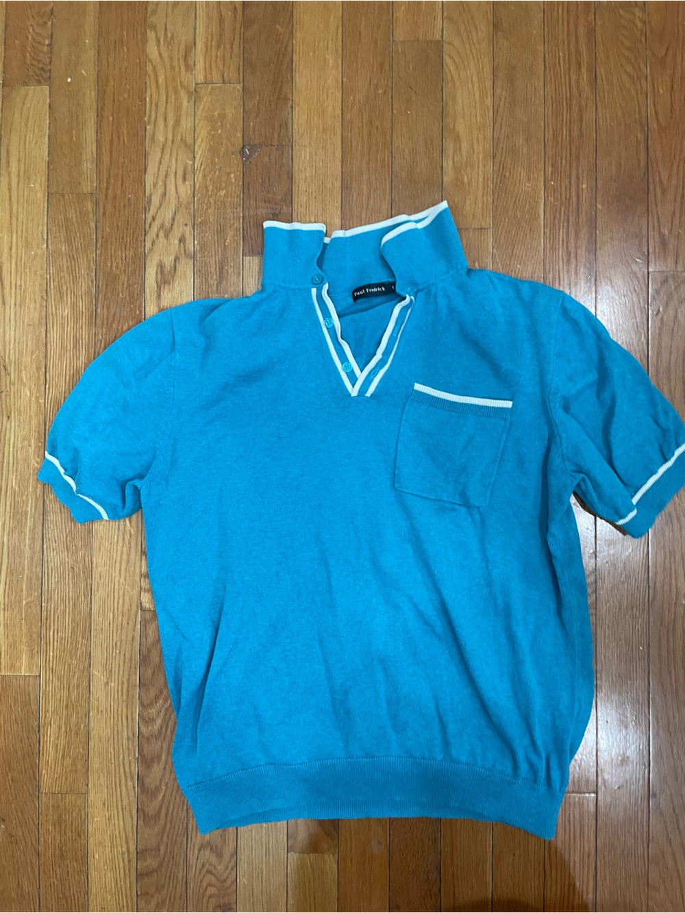 Paul Fredrick Teal Short-Sleeve V-Neck Sweater with White Trim size L